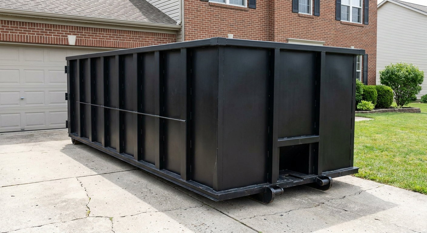 Matte-black 20-yard roll-off container on a Lewisville residential concrete driveway with reinforced ribbed steel sidewalls and a hinged rear walk-in door, clean bright daylight.