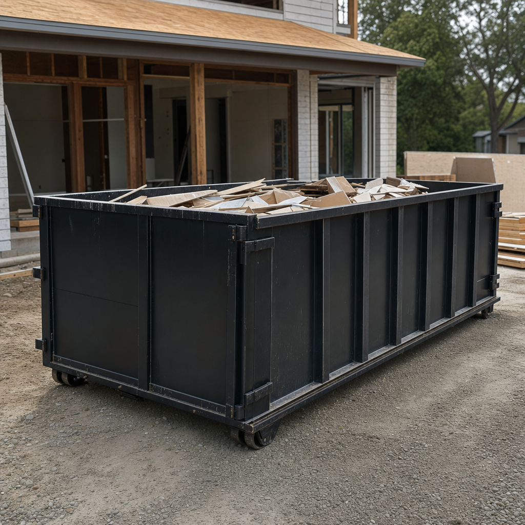 Large matte-black 30-yard construction roll-off dumpster at an active Lewisville jobsite, steel-gray top rails and bottom rollers visible, loaded with construction debris.