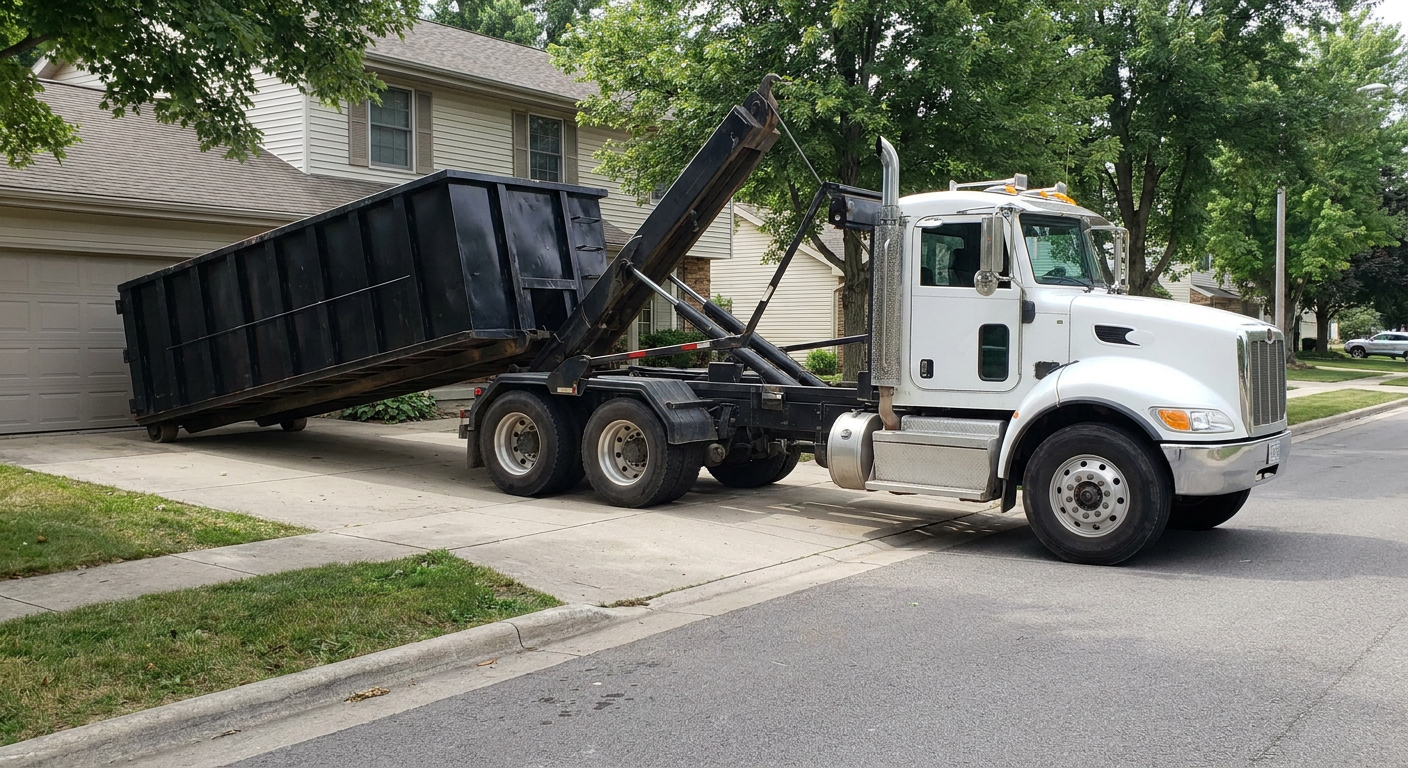 White-cab hooklift roll-off truck actively lowering a matte-black dumpster onto a Lewisville residential concrete driveway, the dumpster's rear wheels touching the driveway as the hoist arm tilts the bed forward, mid-morning daylight.