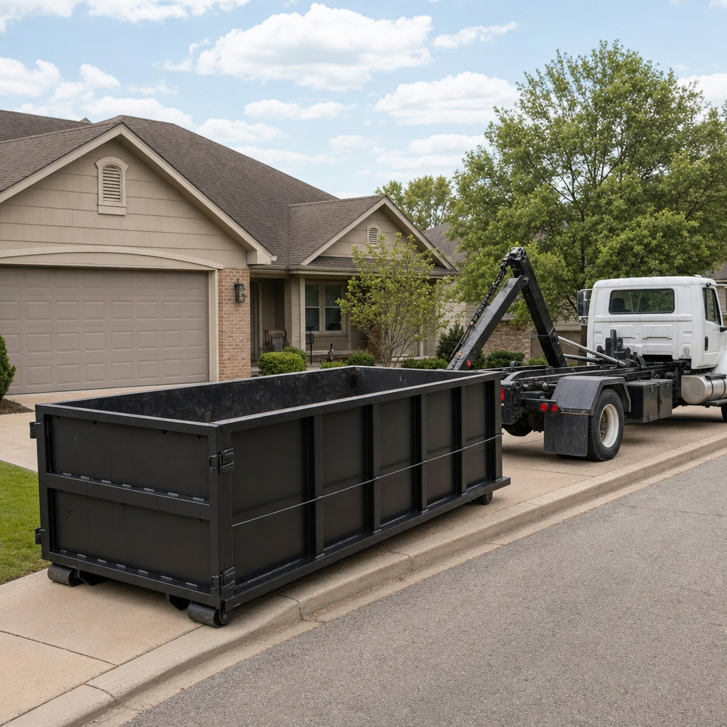 Wide documentary shot of a matte-black roll-off dumpster on a Lewisville residential driveway in the foreground and a contractor jobsite container in the soft-focus background, bright daylight, calm and orderly composition.